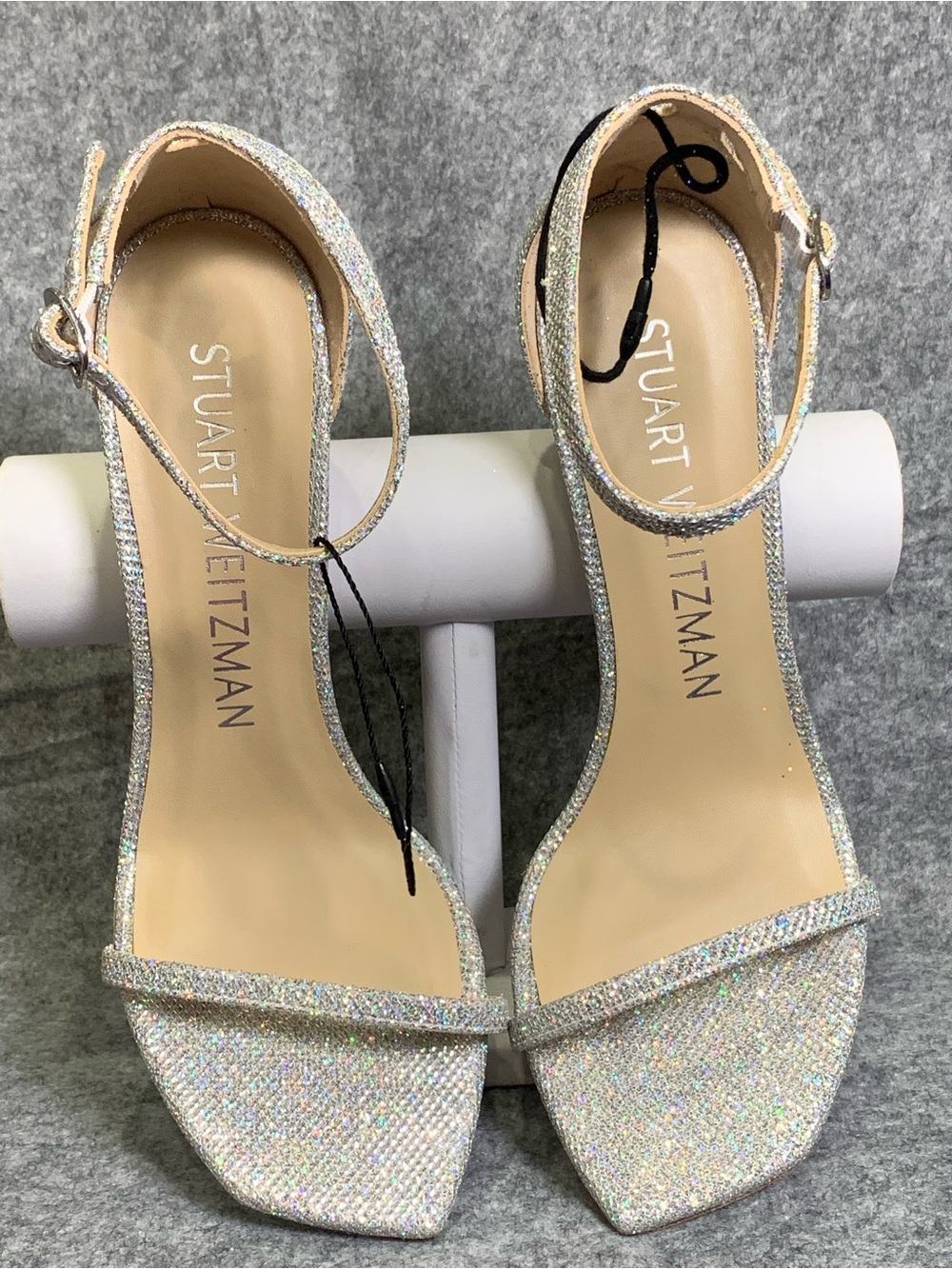 Stuart Weitzman Nudistsong Silver Glitter Ankle Strap Heels Size 9.5 NWT